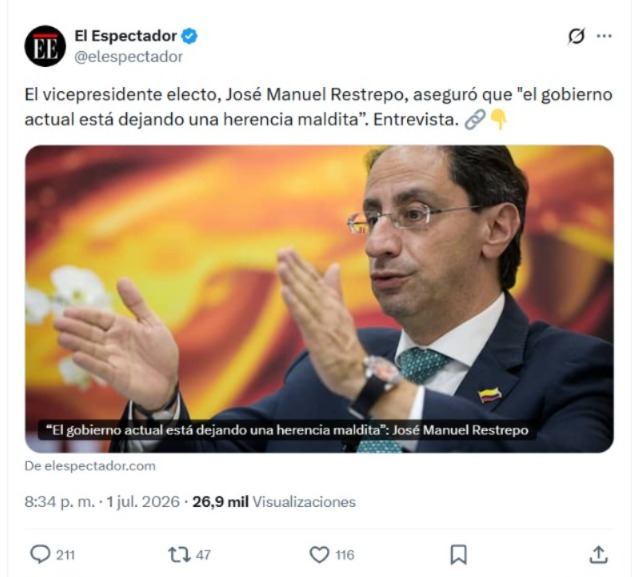 mapias15's tweet photo. Señor vicepresidente electo @jrestrp la  campaña ya terminó, hoy no hay contienda electoral; no incendie más el país; si de verdad quieren contribuir y gobernar para todos demuéstrelo con sus palabras. 

No invisibilice los logros de este gobierno, como tampoco pase de agache , parafraseando sus palabras, "la herencia maldita" heredada de  gobiernos anteriores que nos sumergieron en la desigualdad, corrupción e inseguridad. 

Le parece poco la herencia maldita de corrupción que por décadas recibimos los colombianos? O usted pretende instaurar una narrativa en la que se afirme que la corrupción nació con @petrogustavo ? 

Se le olvida el caso Centros Poblados del gobierno en el que usted estuvo? Se le olvida la corrupción del gobierno Uribe y Santos sólo por mencionar algunos expresidentes?   

Bajen el tono, reconcilien, ya ganaron, ya volvieron al poder de la mano del señor @ABDELAESPRIELLA . 

No hagan política  ni gobiernen a través de titulares, es la oportunidad para demostrar, especialmente  a quienes no votamos por ustedes, que realmente les interesa la totalidad de los colombianos y no simplemente el sector político que los ayudo a elegir. 

Todos los días nos enfrentamos a anuncios violentos que sólo ayudan a enfermar más a nuestra sociedad; el sosiego que hoy necesita nuestro país también debe venir de ustedes. 

Al referirse a la "herencia maldita" esta deslegitimando a los millones de personas que se vieron beneficiadas con las políticas de este gobierno. 

Si deben hacer denuncias háganlas a la luz de la justicia y los entes de control, no con titulares amarillistas. @elespectador @PGN_COL @DefensoriaCol @HoyNoticias2