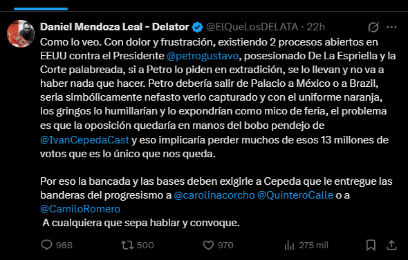 cabas844's tweet photo. Este reconoce q petro si delinquió y le recomienda buscar asilo en Brasil o México para no verlo con el uniforme naranja al lado de maduro y cepeda debe ceder la bandera de la oposición a la corcho, daniel quintero o camilo romero.  O "a cualquiera que sepa hablar y convoque". https://t.co/kYou4kA08E