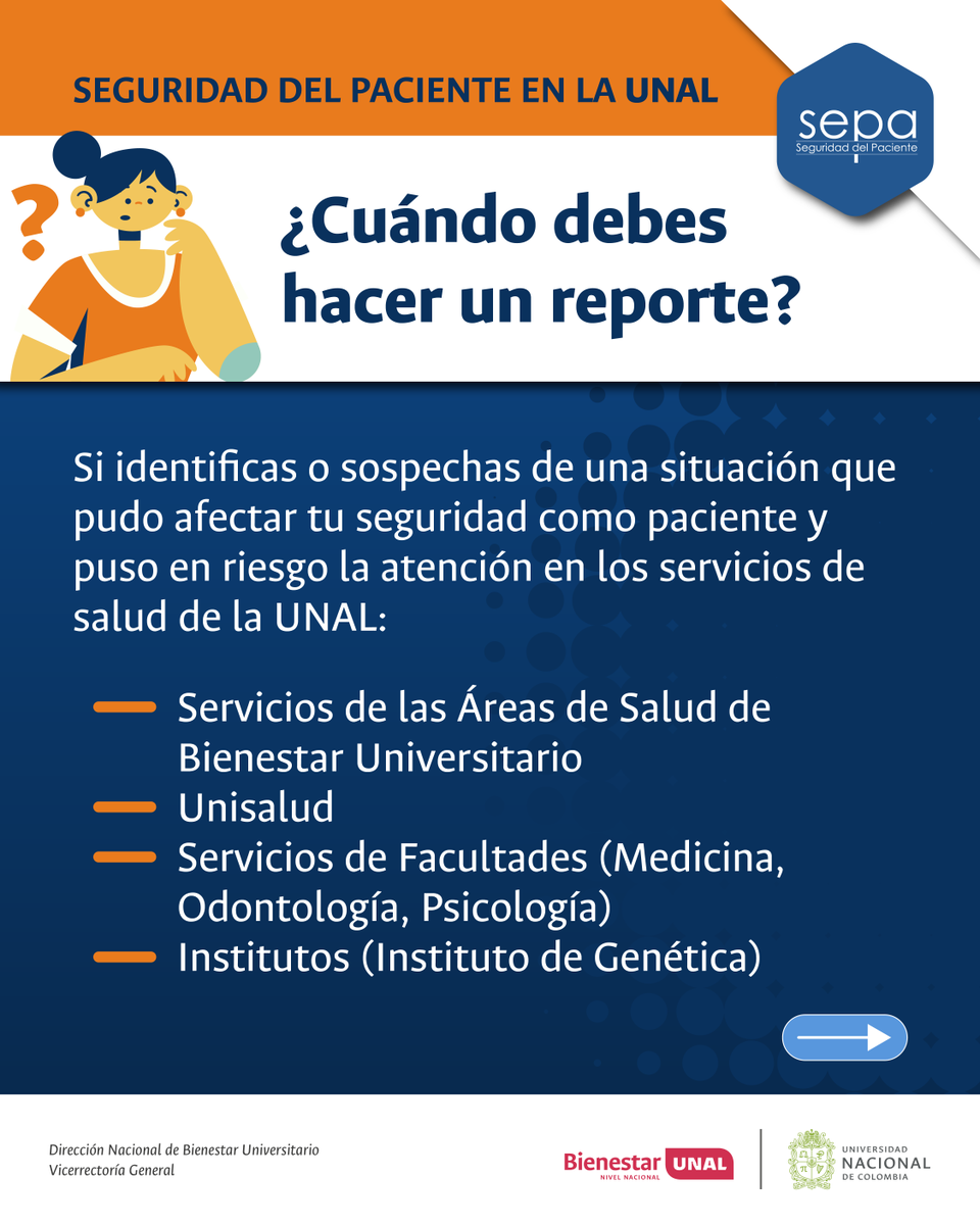 BienestarUNAL's tweet photo. #SomosSeguridaddelPaciente 🩺 Si identificas una situación que pudo afectar o poner en riesgo la atención en los servicios de salud de la #UNAL, puedes realizar un reporte ✍️ ¡Fortalezcamos una atención más segura para toda la #ComunidadUNAL ⚕️ #SomosSalud #SomosBienestarUNAL https://t.co/1Aj2kL39fa