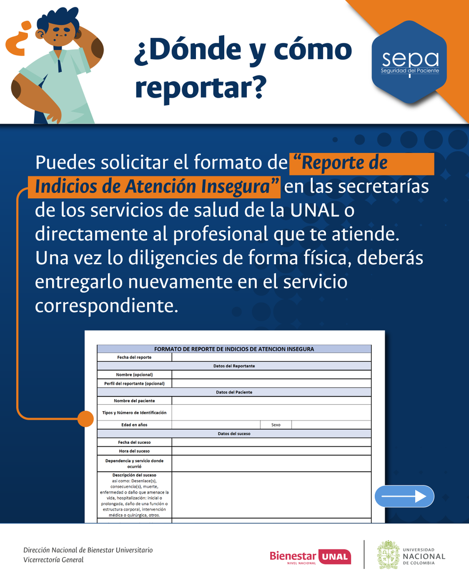 BienestarUNAL's tweet photo. #SomosSeguridaddelPaciente 🩺 Si identificas una situación que pudo afectar o poner en riesgo la atención en los servicios de salud de la #UNAL, puedes realizar un reporte ✍️ ¡Fortalezcamos una atención más segura para toda la #ComunidadUNAL ⚕️ #SomosSalud #SomosBienestarUNAL https://t.co/1Aj2kL39fa