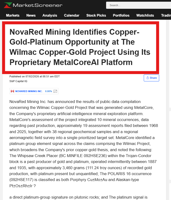 syamozimoto's tweet photo. THIS IS WHY I INVEST IN $NREDF

The latest announcement is exactly the type of update I want to see before drilling begins. MetalCore AI reviewed 57 years of exploration work, integrating 10 mineral occurrences, 19 historical assessment reports, 38 regional geochemical samples, historical production records, and aeromagnetic data into one exploration model. The result was a brand-new Copper-Gold-Platinum target while confirming the previously identified 1,125 ppm Cu anomaly remains one of the highest-priority drill targets

That's important because every new high-confidence target improves the probability of a meaningful discovery without acquiring another project. NovaRed Mining already controls 39,726 acres, has 3 drill-ready targets, a 70% earn-in option on Wilmac, and a proprietary AI platform built on 2.7M+ geological records. That's why I continue investing in $NREDF

Risk management first, always

$DSC $ADBE $SHOP