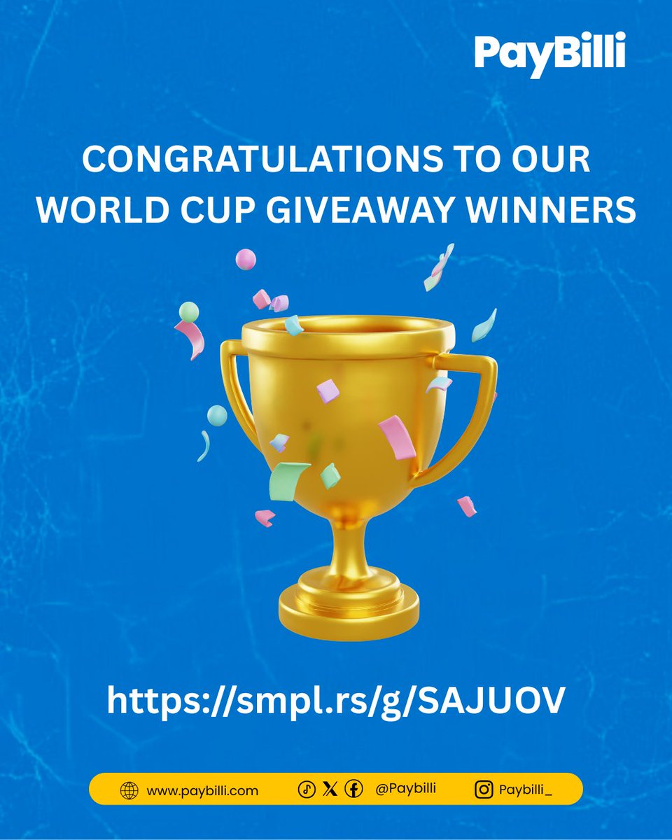 Paybilli's tweet photo. CONGRATULATIONS to Paybilli World Cup Giveaway Winners. See result https://t.co/YLlimajVWX

We will also publish all the usernames here. All winners will have their paybilli wallet credited with N5,000 tonight. Thank you all for participating, more coming soon.

#Worldcup #Paybilli #Giveaway