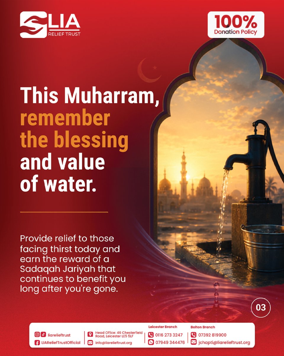 LIAReliefTrust's tweet photo. 🚨 The UK has just experienced extreme heat.

The first thing we all need is water.

But for millions around the world, clean water isn’t just refreshing, it’s a matter of survival.

This Muharram, don’t let thirst be their daily reality.

Donate now:
🔗 https://t.co/jXuvEFzmwa https://t.co/zIncnH7gzm