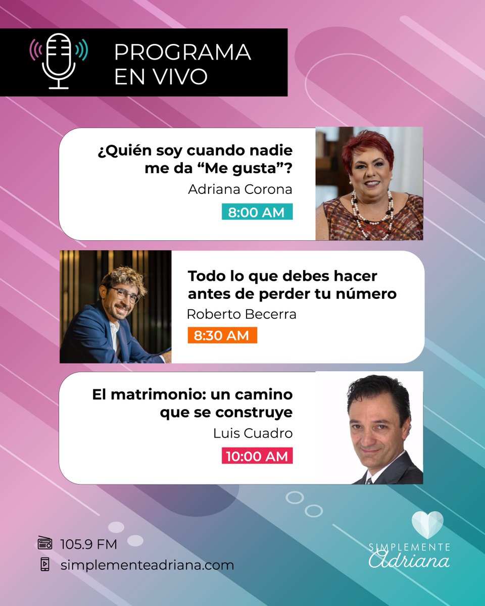 adrianacoronag's tweet photo. Cada mañana escribimos un programa distinto porque cada día trae nuevas historias, nuevos invitados y nuevas reflexiones. Qué gusto que hoy formes parte de #SimplementeAdriana.
Escucha aquí:
📱Por Internet: https://t.co/rThgp2T6BT
📻 Radio en Guadalajara: 105.9 FM https://t.co/g9cNggbzvq