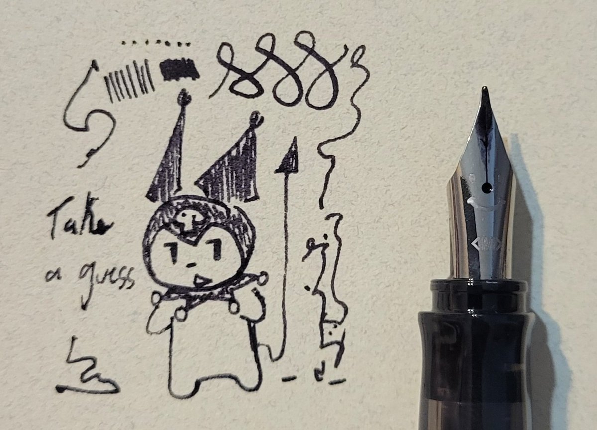 TungstenBrass's tweet photo. Guess 4 Kuromi 🐇
Actually can't recall when this was drawn. A month ago?
Regardless, used the Pilot Kakuno fountain pen to draw her because I was talking about the pen 🖋 https://t.co/EQJyLkMkow
