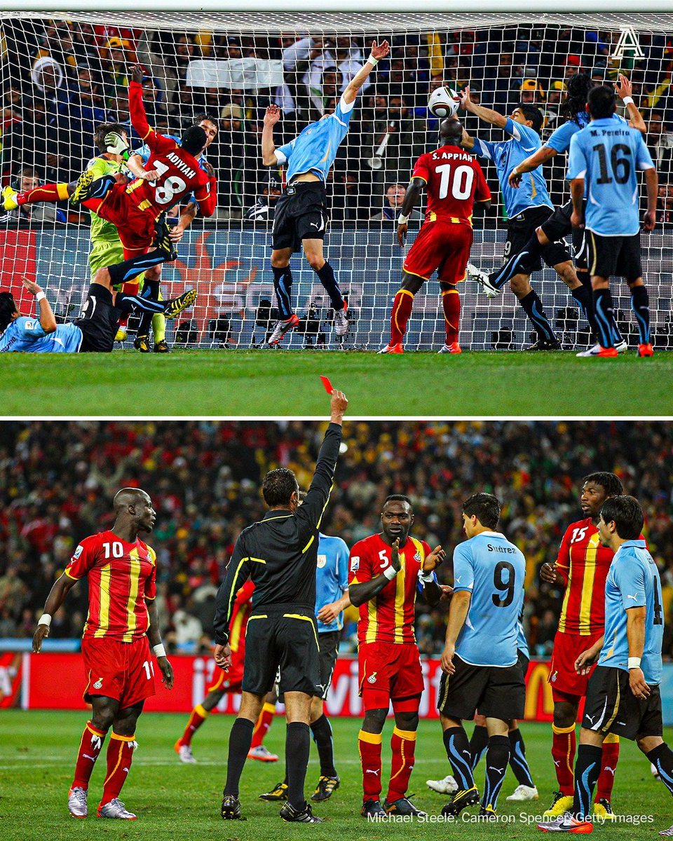 TheAthleticFC's tweet photo. Sixteen years ago today, Luis Suarez became public enemy No 1 in Ghana.

With Uruguay and Ghana locked at 1-1 at the very end of extra time in the World Cup quarter-final, the former Liverpool and Barcelona forward palmed away Dominic Adiyah's goalbound effort on the line.

He was duly shown a red card.

Suarez appeared to be in floods of tears as he headed down the tunnel, but his mood was instantly transformed as Asamoah Gyan's penalty struck the crossbar.

Uruguay went on to win 4-2 on penalties to progress to the 2010 World Cup semi-finals, where they lost 3-2 to the Netherlands.