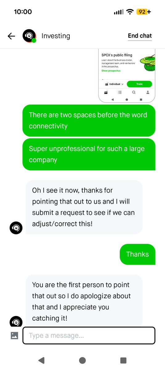 TradeTiers's tweet photo. Am I really the only person who gets annoyed by double-space typo's like the one @RobinhoodApp made in the @SpaceX About section? Shout out to their support though for agreeing to fix it without running me through the ringer before admitting an issue https://t.co/H6XrsmAhXE