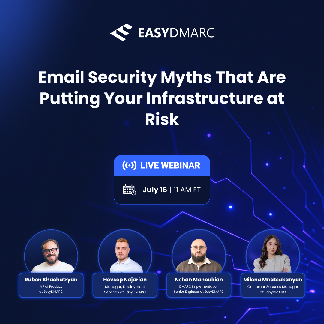 easydmarc's tweet photo. 📧Many organizations treat email authentication as a completed project once SPF, DKIM, and DMARC are in place. In reality, email infrastructures continuously evolve as new cloud services, third-party vendors, business applications, and domains are introduced. Without ongoing visibility and governance, complexity can quietly create security gaps that increase risk over time.

Join EasyDMARC's experts for a practical discussion on the most common real-world myths that impact email security posture and create hidden vulnerabilities. 

During this session, we'll explore:

✅ Why having a DMARC record or even reaching enforcement is not enough
✅ The hidden risks of unmanaged third-party and shadow email senders
✅ How DNS misconfigurations and poor hygiene create security gaps
✅ Why protecting only your primary domain leaves your ecosystem exposed
✅ The role of continuous monitoring and visibility in preventing silent failures

🎙️Speakers:
Ruben Khachatryan, VP of Product
Hovsep Najarian, Manager, Deployment Services
Nshan Manoukian, DMARC Implementation Senior Engineer

🎙️Moderator:
Milena Mnatsakanyan, Customer Success Manager

📅 July 16, 2026
🕚 11:00 AM ET

Whether you're responsible for email security, IT infrastructure, or domain management, this webinar will provide practical insights into maintaining a resilient email ecosystem as your organization grows.

🔗Reserve your spot here: https://t.co/NFYiOyJe8w

#EasyDMARC #DMARC #SPF #DKIM #Cybersecurity #EmailSecurity #EmailInfrastructure