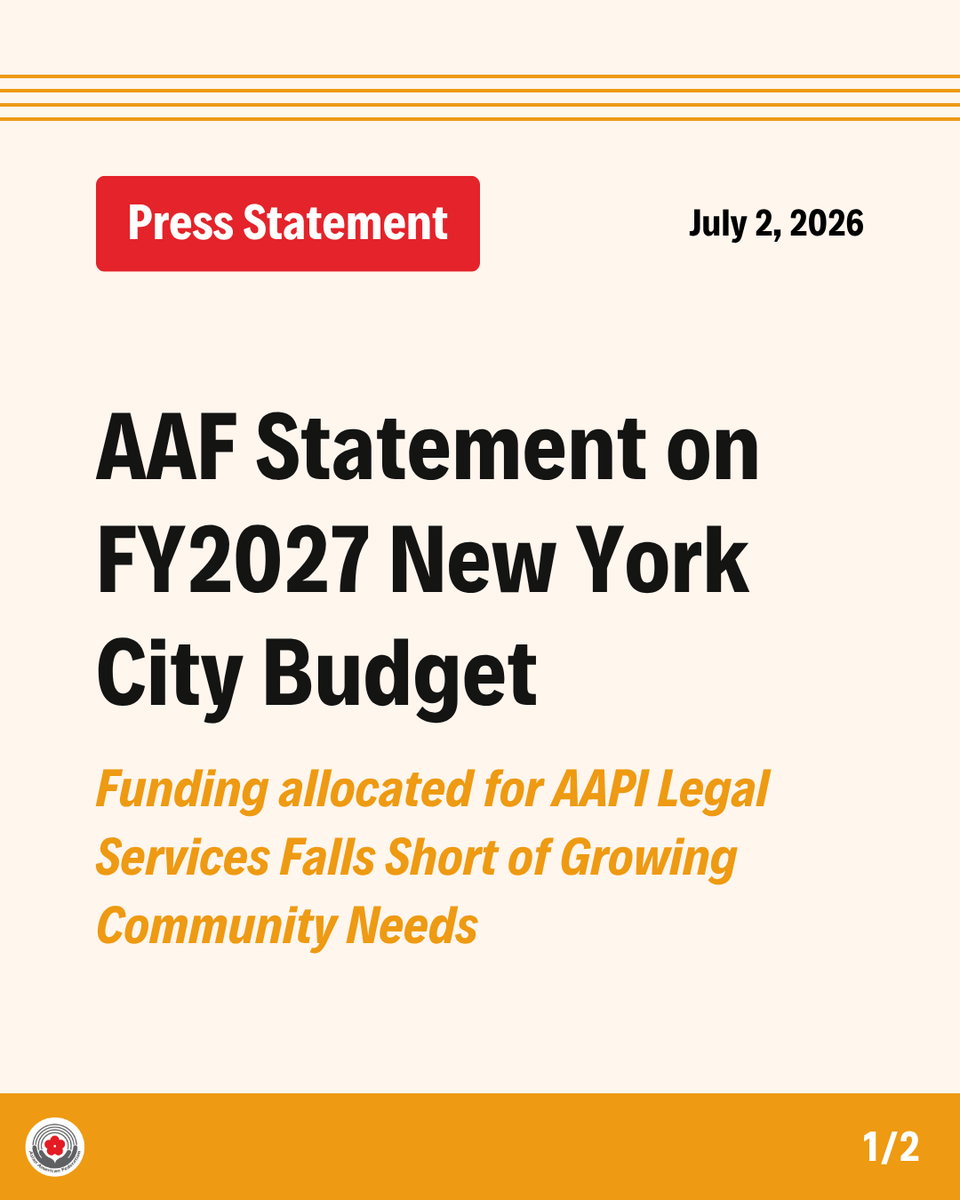 AAFederation's tweet photo. While AAF applauds critical investments in the FY27 City Budget, we and the RISE Network remain concerned that current investments do not match the scale of need and  continue to urge sustained funding for immigrant services for AAPI NYers.
Full statement: https://t.co/AplzBFno5x https://t.co/s7oqbGt7rP
