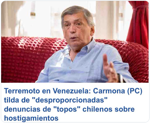 Iherreraa's tweet photo. #MuchoGusto Los militares venezolanos tratan de espías a los topos chilenos que ayudan al rescate de sobrevivientes en Venezuela, pero Lautaro Carmona tilda de desproporcionadas las denuncias.  Bueno, que mas se puede esperar de un comunista... https://t.co/mXX0gJbPdp