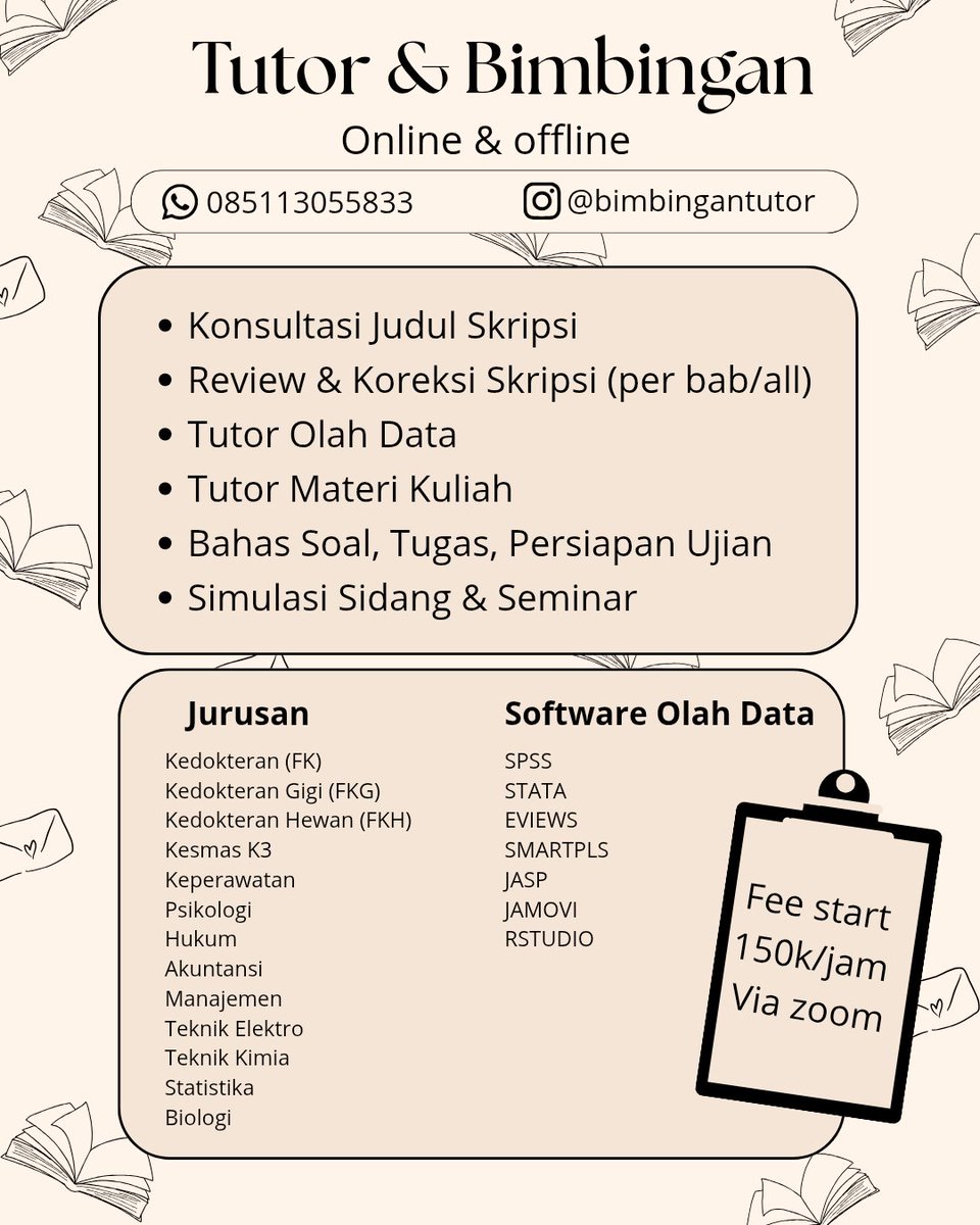 bimbingantutor's tweet photo. Open jasa les tutor private bimbel bimbingan konsultasi tentor mentoring online

Review koreksi skripsi
Simulasi sidang sempro
Olah data SPSS STATA EVIEWS SMARTPLS
Bahas materi soal ujian tugas UAS

kedokteran fk fkg fkh kesmas psikologi hukum akuntansi manajemen statistika dll https://t.co/RNw4QiUbm5