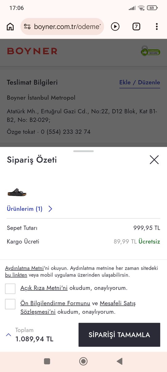 ozgetokat's tweet photo. @boyneronline 
Merhaba. Mağaza teslimatı istememe ve kargo ücretsiz ibaresi çıkmasına rağmen neden hala kargo fiyatı ücrete ekleniliyor? https://t.co/ZzQoD5i0bi