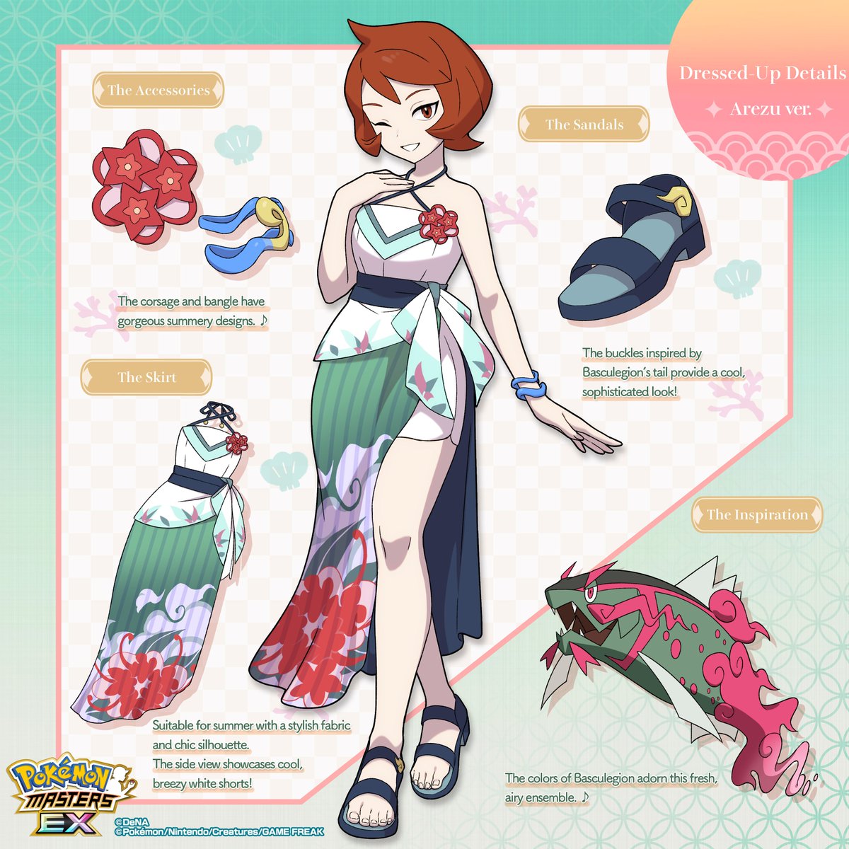 pokejungle's tweet photo. Akari and Arezu are dressed up for @PokemonMasters's summer event! They're sporting Manaphy and  Basculegion-inspired looks. What Pokémon would you use as summer inspo? 😎🔆 https://t.co/3f0xFkc99Z