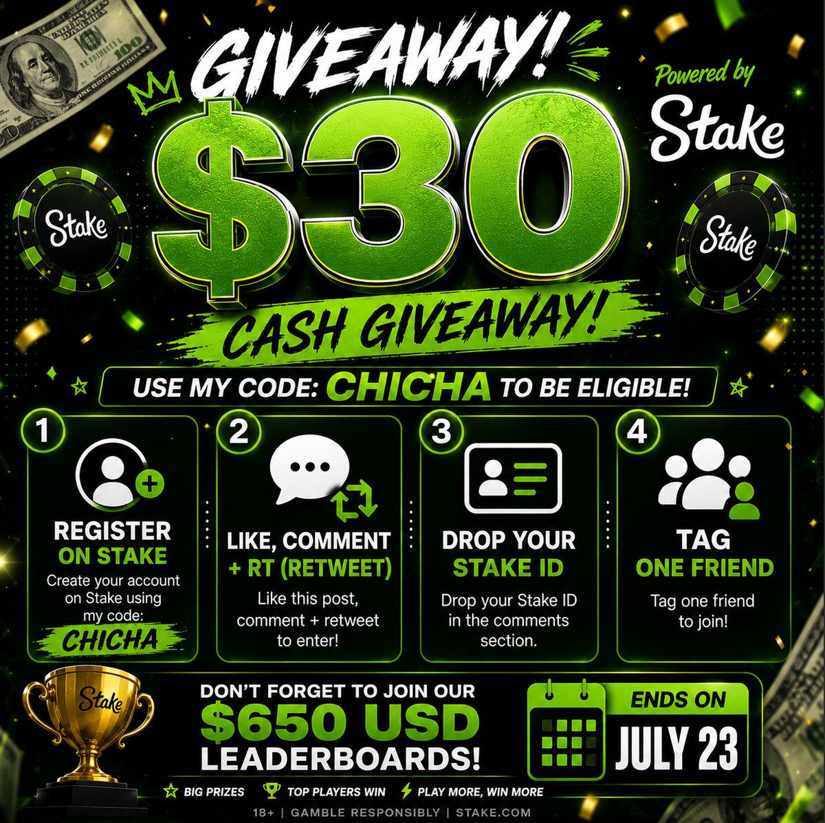 triciatomato's tweet photo. 🚨 $30 GIVEAWAY 🚨

Register here: https://t.co/IWcruWTUhN and use code CHICHA.

Like, comment, retweet, drop your Stake ID, and tag a friend.

Make sure you complete all the steps above. Incomplete entries will not be counted.

Don't forget to join our $650 USD Leaderboards at https://t.co/WFiE2JMFhL , ending July 23.

🗓️ Entries close: July 23, 11:59 PM (PHT)
🏆 Winner will be announced: July 24
Good luck everyone! 🍀
