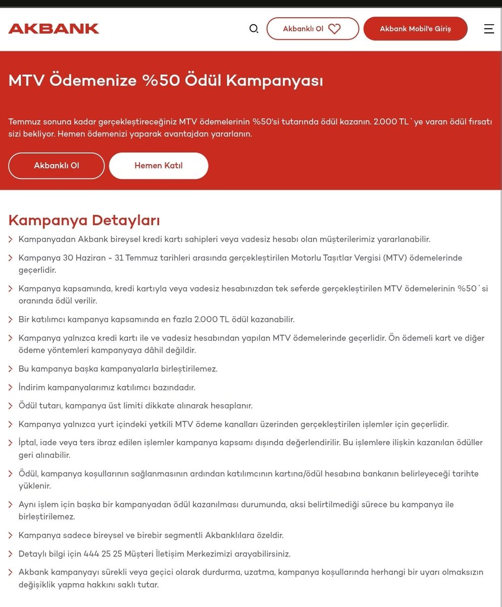 ErgunTurkoglu's tweet photo. #reklam #tanıtım 

🚨 ARAÇ SAHİPLERİ DİKKAT: Akbank'tan MTV Ödemesinde Nakit İade Fırsatı

Akbank, Temmuz ayında MTV ödemeleri için %50’ye varan iade imkanı sunuyor (üst limit 2.000 TL).
Detaylar şöyle 👇

📌 Kampanya Bilgileri:

Tarih: 30 Haziran - 31 Temmuz 2026 tarihleri arasında yapılan ödemeler için geçerli.

İade Oranı: Tek seferlik MTV ödemesinin %50’si (maksimum 2.000 TL). 4.000 TL ve üzeri ödemelerde üst limite ulaşılıyor.

Geçerli Kanallar: Akbank bireysel kredi kartları veya vadesiz hesaplar üzerinden tek seferlik ödemeler.
Katılım: Bireysel ve “Birebir” segment müşterileri için. 
Akbank Mobil üzerinden katılım butonuna tıklanması gerekiyor.

Önemli Uyarılar: Ön ödemeli kartlar ve diğer yöntemler dahil değil. Kampanya şartları değişebilir, tam detaylar ve katılım için Akbank Mobil uygulamasını veya resmi sitesini kontrol edin.

Bu paylaşım genel bilgilendirme amaçlıdır. Kampanyadan faydalanmadan önce bankanın resmi duyurusunu okuyun ve şartları kendiniz doğrulayın. 

Herhangi bir teşvik veya yönlendirme içermemektedir.
Siz MTV ödemenizi hangi bankadan yapacaksınız? Yorumlarda paylaşın 👇

Marka ile reklam ve işbirliği yoktur