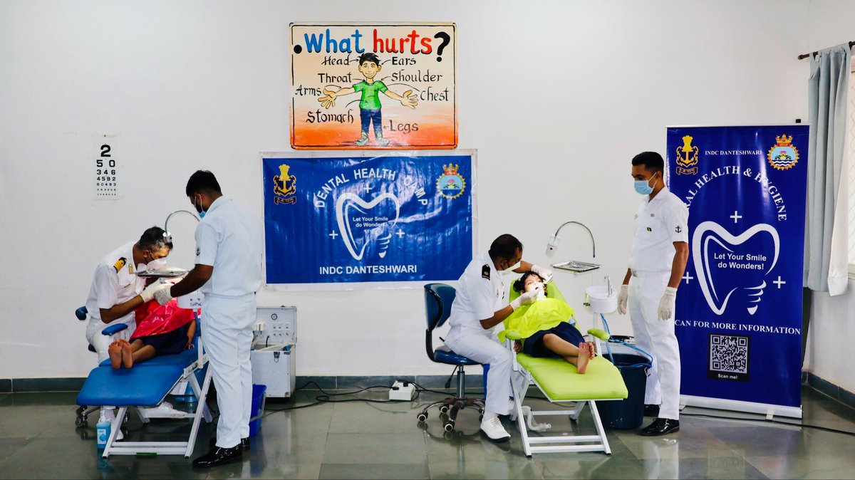 IN_ASVINI's tweet photo. An outreach activity was organised by INDC Danteshwari from 29 Jun to 01 Jul 26 for Primary School Children of #NCS Mumbai. This included diagnostic and preventive Oral Care by a team led by Paediatric Dentist. It benefitted nearly 1062 children and susceptible children were treated with preventive fluoride varnish application after parental consent. Oral health information pamphlets were distributed to all the children. 
@indiannavy @IN_WNC @IN_ASVINI @IN_NCSMumbai