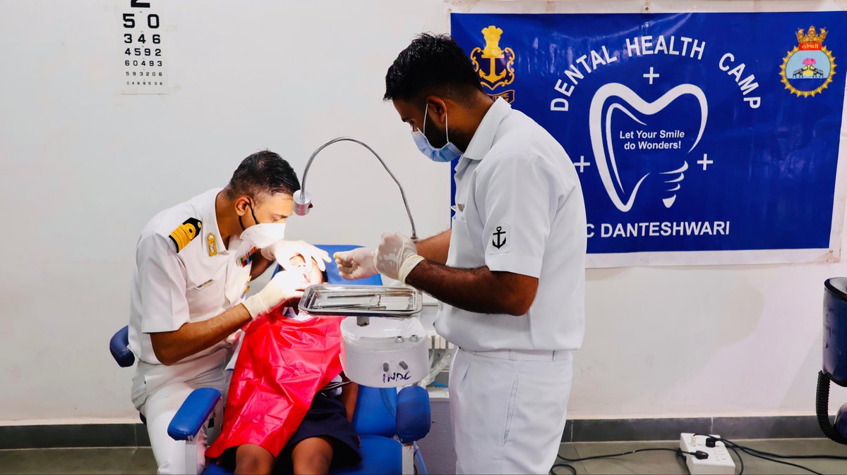 IN_ASVINI's tweet photo. An outreach activity was organised by INDC Danteshwari from 29 Jun to 01 Jul 26 for Primary School Children of #NCS Mumbai. This included diagnostic and preventive Oral Care by a team led by Paediatric Dentist. It benefitted nearly 1062 children and susceptible children were treated with preventive fluoride varnish application after parental consent. Oral health information pamphlets were distributed to all the children. 
@indiannavy @IN_WNC @IN_ASVINI @IN_NCSMumbai