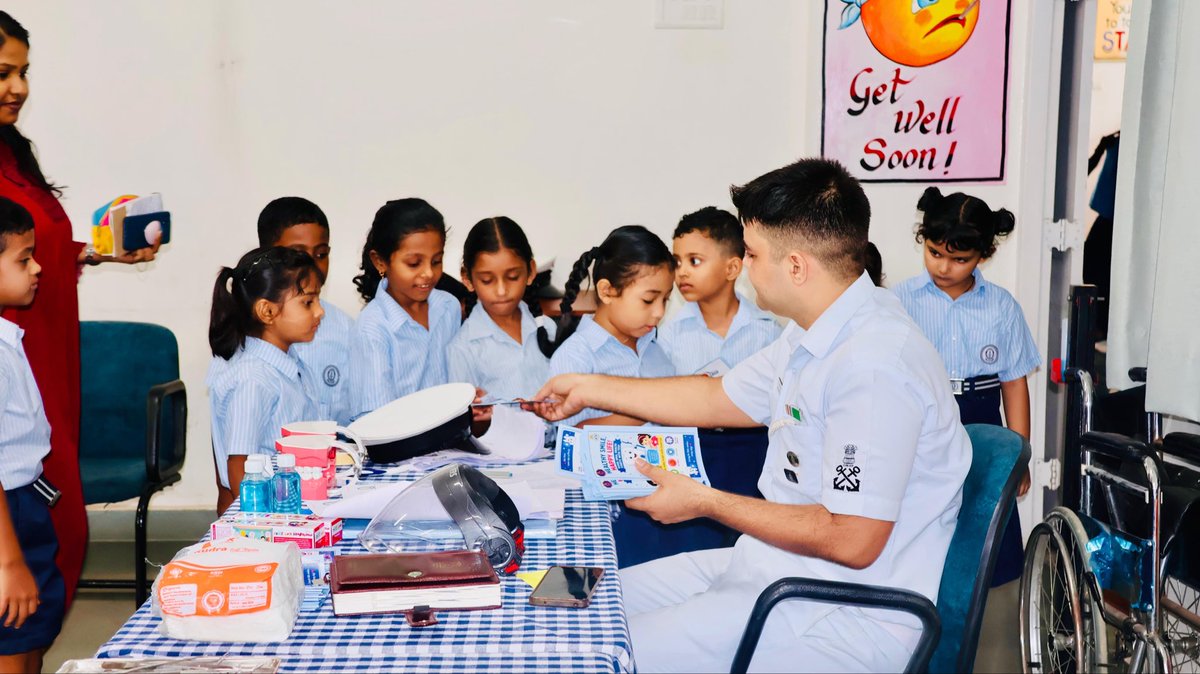 IN_ASVINI's tweet photo. An outreach activity was organised by INDC Danteshwari from 29 Jun to 01 Jul 26 for Primary School Children of #NCS Mumbai. This included diagnostic and preventive Oral Care by a team led by Paediatric Dentist. It benefitted nearly 1062 children and susceptible children were treated with preventive fluoride varnish application after parental consent. Oral health information pamphlets were distributed to all the children. 
@indiannavy @IN_WNC @IN_ASVINI @IN_NCSMumbai