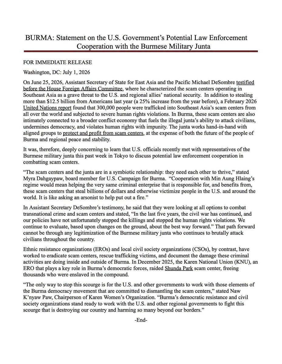 zoyaphan's tweet photo. 25 organizations raise concerns regarding a US delegation meeting Burmese regime's representatives in Tokyo to discuss coordinated enforcement on scam centers. 
See here- https://t.co/LEdni2kPTe https://t.co/M0fIf401JF