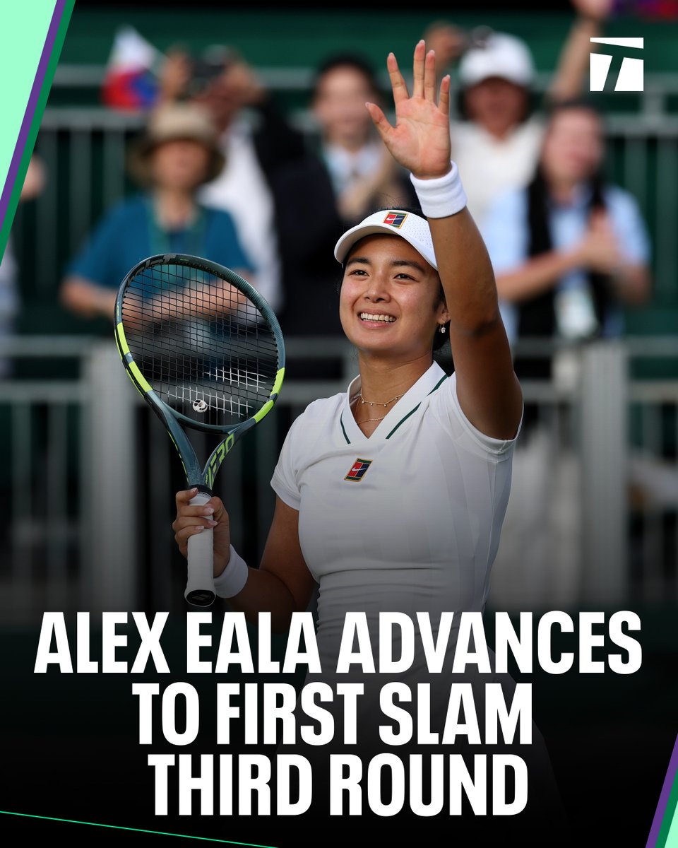 TennisChannel's tweet photo. Finished the fight for a career first ⚔️ ➡️ 

Alex Eala is through to the third with a 3-6, 6-2, 6-0 victory over Maya Joint 🔥 

#Wimbledon https://t.co/XlGSd4MMRi