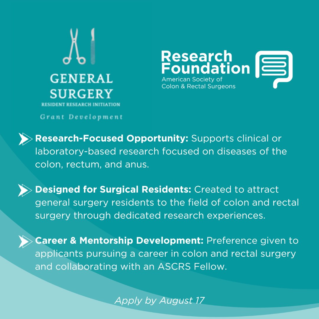 ASCRS_1's tweet photo. Great discoveries often start with a single question. If you have an idea worth exploring, the General Surgery Resident Research Initiative Grant can help you take the next step and contribute to the future of colorectal surgery.

Applications are now open. Submit your proposal by August 17 and turn your research goals into meaningful impact.

🔗 Learn more and apply today: https://t.co/LH9mr84exB