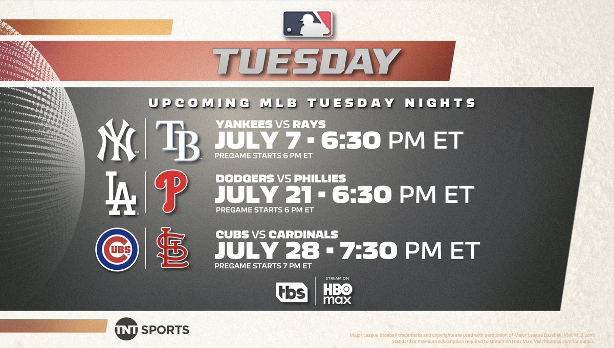 TNTSportsPR's tweet photo. TNT Sports announces additional games for MLB Tuesday on TBS! ⚾️ https://t.co/qSQ8tBuvpd