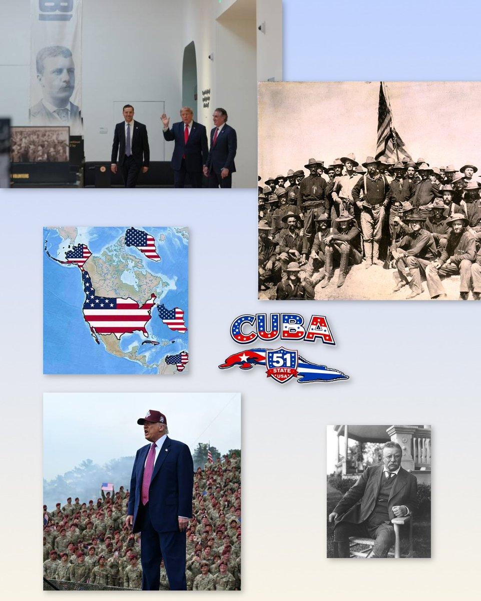 albertfonse11j's tweet photo. Ayer el presidente Donald Trump inauguró la Biblioteca Presidencial Theodore Roosevelt en Dakota del Norte. Para muchos fue un acto protocolar más, pero vale la pena leer el mensaje detrás del titular. No es la primera vez que Trump expresa su admiración por Roosevelt, una de las figuras más expansionistas de la historia de Estados Unidos.

Roosevelt no solo fue presidente. Antes de llegar a la Casa Blanca participó personalmente en la guerra contra el Imperio español en 1898. Renunció a su cargo como subsecretario de Marina para formar parte de los famosos Rough Riders y combatió en la batalla de las Lomas de San Juan, cerca de la actual Santiago de Cuba. Fue allí donde se convirtió en un héroe nacional ante la opinión pública estadounidense, una fama que impulsó su carrera política y lo llevó primero a la vicepresidencia y, poco después, a la presidencia de Estados Unidos. Aquella guerra marcó el inicio de una nueva etapa de influencia estadounidense y terminó con el tratado de Paris donde Filipinas, Puerto Rico, Guam y Cuba pasaron estar bajo el poder de los Estados Unidos.

Ya como presidente, Roosevelt impulsó la política del Gran Garrote, apoyó la construcción del Canal de Panamá y consolidó a Estados Unidos como la principal potencia del Caribe y del hemisferio occidental.

Por eso no parece casual que Trump, en un acto dedicado a Roosevelt, mencionara juntos a Puerto Rico, Filipinas y Cuba. Al llegar a Cuba hizo una afirmación que llamó especialmente la atención: dijo que, después de muchas décadas, “Cuba está viniendo hacia nosotros”. Esa frase puede interpretarse de muchas maneras, pero deja entrever una visión geopolítica muy similar a la de Roosevelt. Trump sigue viendo el mundo con una visión expansionista, de influencia y de control estratégico sobre territorios clave. Si a eso se suma sus deseos de anexión de Groenlandia, Canadá  y que mencionará a Cuba nuevamente pero en este contexto y que alargará la idea solamente en la isla del Caribe, esto me hace soñar que él ve con buenos ojos la anexión de la Llave del Golfo🇨🇺.

La única preocupación que me deja esa declaración es que Trump afirmara que la dictadura cubana se está acercando a Estados Unidos. Espero que, con Marco Rubio al frente de esa política, no caigan en el terreno donde el régimen siempre se ha sentido más cómodo: las conversaciones interminables. Durante más de seis décadas la dictadura ha utilizado el diálogo para ganar tiempo, aliviar la presión internacional y perpetuarse en el poder. Cuba lo que necesita es la misma filosofía y estrategia de Roosevelt invasion y anexión. 💣🇺🇸🤝🇨🇺💪