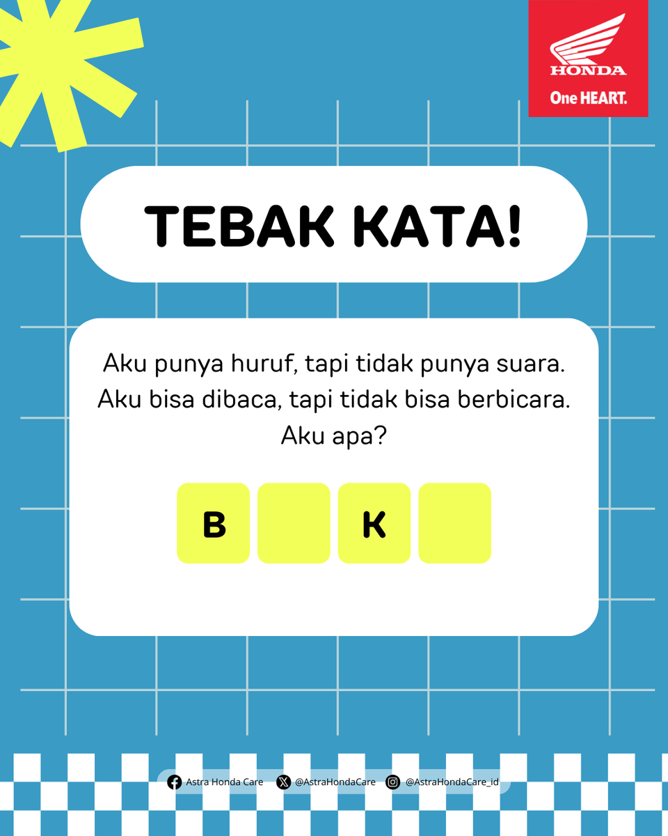 AstraHondaCare's tweet photo. Pagi BroSis! MiGan mau ngajakin main tebak-tebakan kecil biar hari kamu makin seru 😄
Jangan buru-buru jawab, pikir pelan-pelan dulu…
Kadang yang kelihatan gampang, justru bikin ketipu!

Kalau kamu sudah siap, langsung lanjut ke soal di bawah ya 👇

#AstraHondaCare #Cari_Aman #SalamSatuHati