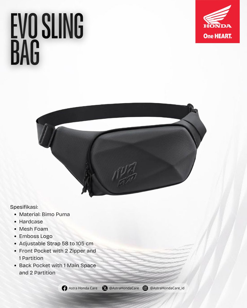 AstraHondaCare's tweet photo. Setiap perjalanan membutuhkan teman yang tepat. 🖤

Dengan desain premium dan kompartemen yang fungsional, EVO Sling Bag siap menyimpan semua kebutuhanmu dengan lebih rapi dan aman.

Praktis, modern, dan nyaman digunakan untuk aktivitas sehari-hari maupun saat riding.

#AstraHondaCare #Cari_Aman #SalamSatuHATI