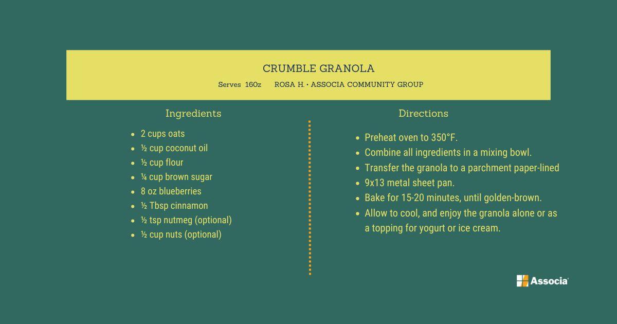 TDGCommunity's tweet photo. Looking for an easy breakfast idea this weekend? This Crumble Granola from the Associa Family Cookbook checks all the boxes.

It’s a simple, low-effort option you can whip up ahead of time and enjoy all weekend long—perfect for busy mornings or a quick snack in between. https://t.co/WmS7win5yG