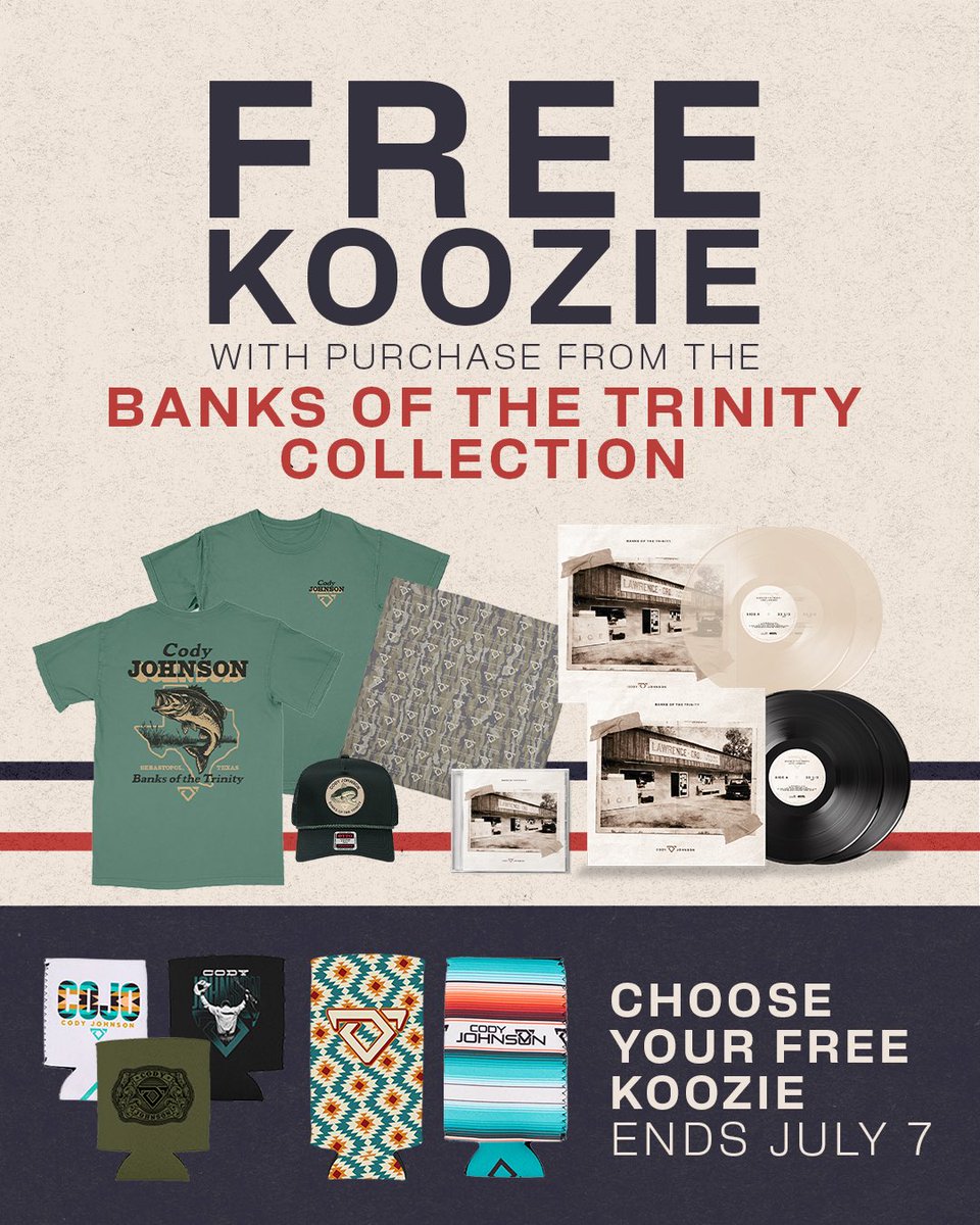 codyjohnson's tweet photo. For a limited time, get your choice of a FREE koozie with any purchase from the Banks Of The Trinity collection. Grab yours while supplies last! https://t.co/Myudb5o8UJ https://t.co/C0LRWv8zQm