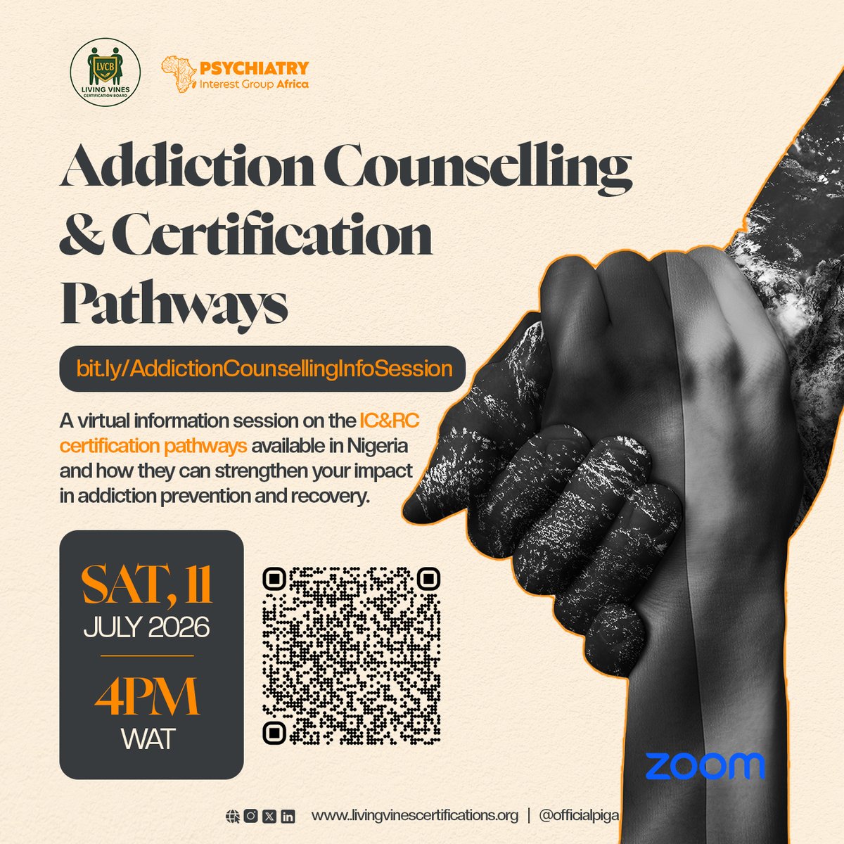 LVCBOfficial's tweet photo. Your journey to becoming an internationally certified addiction professional starts here.

Join us for a free virtual information session on Addiction Counselling and IC&amp;RC Certification Pathways in Nigeria.

Register now via the QR code or https://t.co/j9C5rw1F1F https://t.co/L4k2yhM3b2