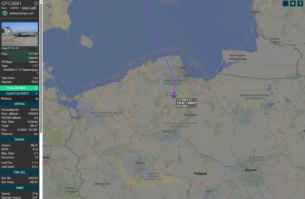 PolishMilRadar's tweet photo. 📅 02.07 🕟 16:26LT - 🇨🇦✈️ Kanadyjski Globemaster tranzytem
🇨🇦 Królewskie Kanadyjskie Siły Powietrzne #RCAF
✈️ Boeing CC-177 Globemaster III | Reg: "177704"
🛫 Port Lotniczy Sztokholm Skavsta #ESKN | Szwecja 🇸🇪
🛬 Port Lotniczy Bratysława #LZIB | Słowacja 🇸🇰
#CFC3681 leci tranzytem na FL350 (10 668 metrów)
🔗 https://t.co/abdAefgi4H
#POLMILRADAR
