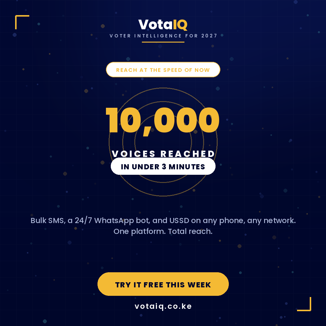 VotaiQKenya's tweet photo. Reach 10,000 people before your opponent finishes their morning chai. ☕
Speed wins conversations. VotaIQ puts your whole outreach engine in one place:
✅ Bulk SMS that lands in minutes
✅ A 24/7 WhatsApp bot that captures Gen Z while you sleep
✅ USSD that works on any phone, any network — no smartphone required
No operator. No delay. Just total reach, on command.
⚡ Try it free this week — link in bio.
#VotaIQ #DigitalMobilization #GenZVoters #WhatsAppMarketing #Kenya2027 #BulkSMS #CampaignTech