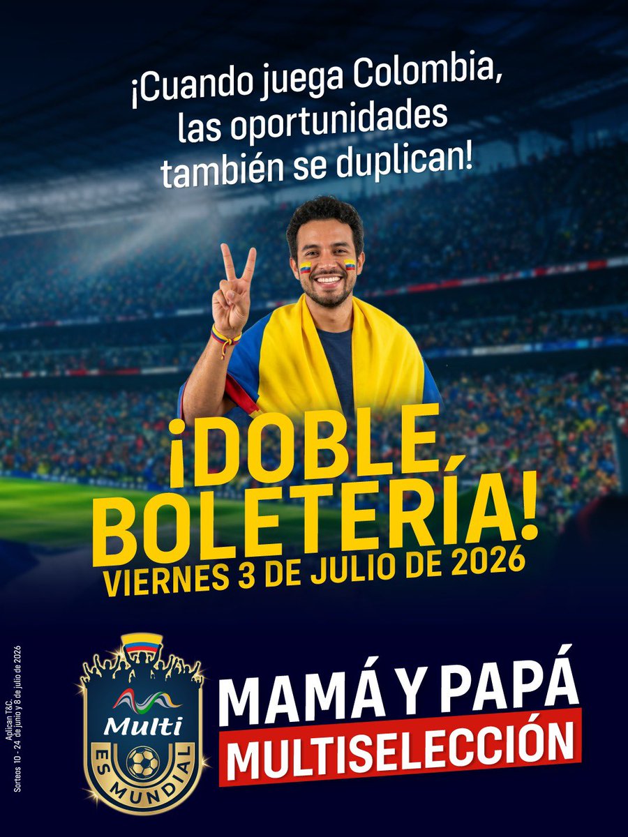 MultiCCIbague's tweet photo. 🇨🇴⚽Este viernes 3 de julio, registra tus facturas en el Punto de Información y recibe doble boletería para participar en el sorteo de Mamá y Papá Multiselección.
Duplica tus oportunidades de ganar y sé el próximo ganador. ¡No dejes pasar esta jugada!❤️🇨🇴 https://t.co/Gyp6GR7wy5