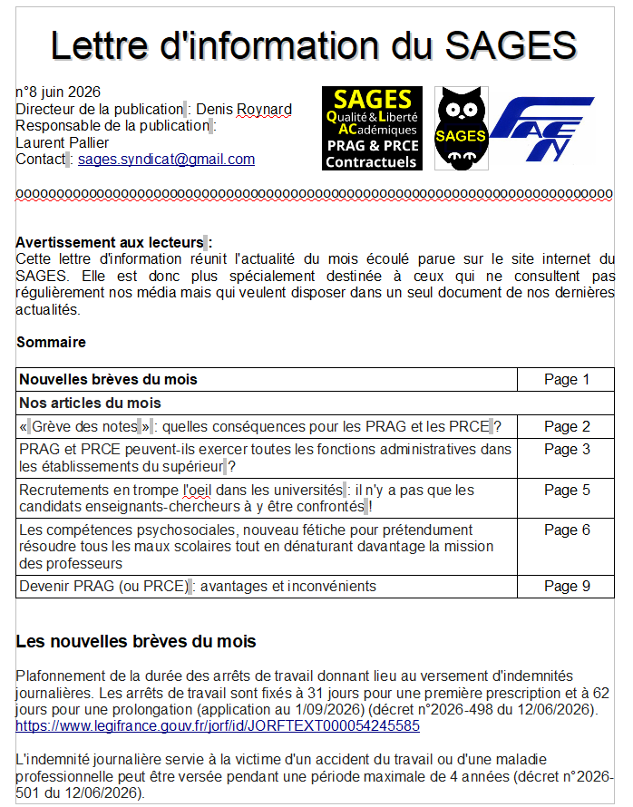 PragPrce's tweet photo. La lettre d'information du SAGES n°8 juin 2026 est disponible en téléchargement.
https://t.co/3Sftk3e4d9
#PRAG #PRCE #ESAS #JeNeSuisPasEsas https://t.co/kzRTlnyawX