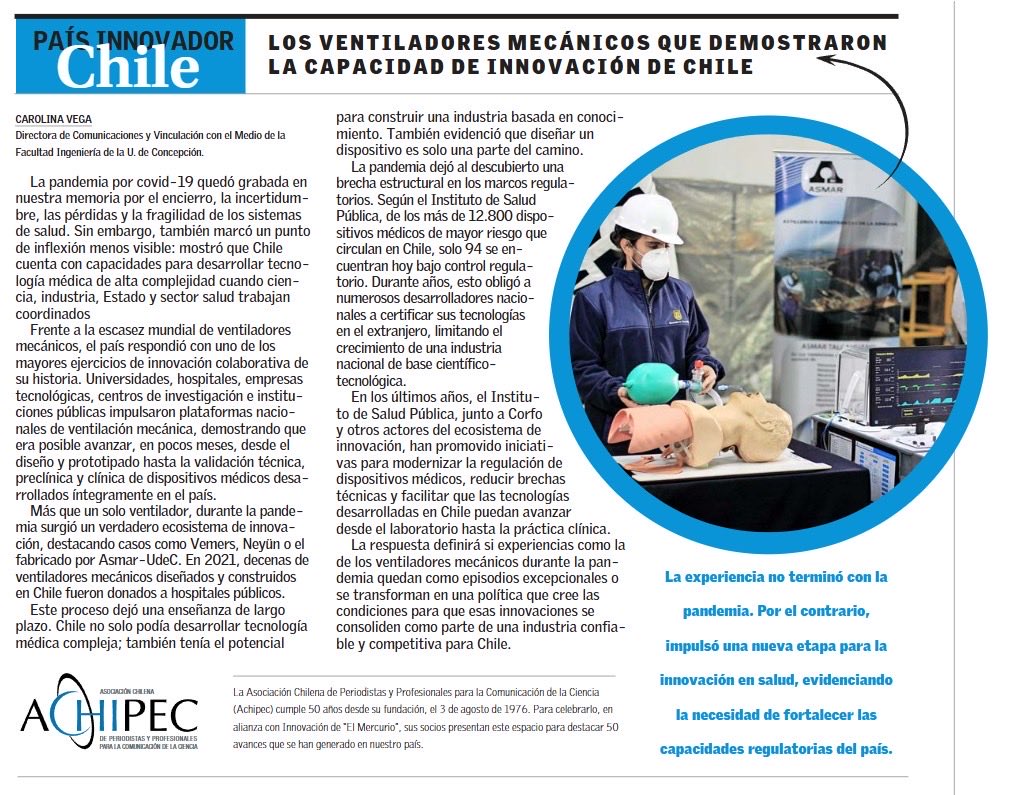 SubseDefensa's tweet photo. Durante la pandemia, los ventiladores mecánicos desarrollados por ASMAR y la UdeC demostraron la importancia de la industria de la defensa. Gracias a este desarrollo nacional, fue posible apoyar la emergencia sanitaria y contribuir a salvar vidas. https://t.co/9mm6TCAW9Y