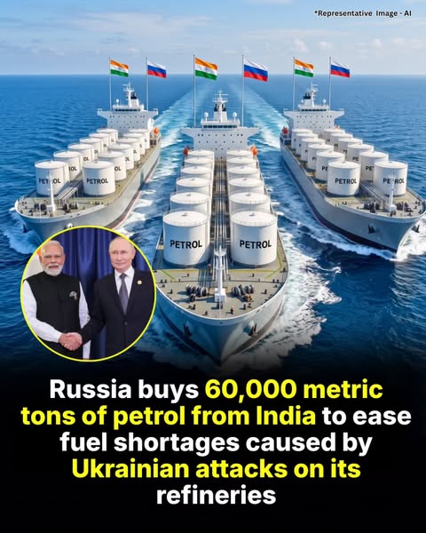 Deepdatemedia's tweet photo. Russia has imported 60,000 metric tons of petrol from India to help ease fuel shortages caused by Ukrainian drone attacks on Russian oil refineries, according to a Reuters report.

At least 60,000 metric tons of petrol have already been shipped from India, with two tankers carrying 30,000–40,000 metric tons each en route to Russia, according to industry sources cited by Reuters.

Russia is facing fuel rationing, long queues at petrol stations, and record-high domestic petrol prices following repeated attacks on its energy infrastructure.

To stabilise supplies, Moscow reportedly plans to import 400,000 metric tons of petrol every month from India, Belarus, and other countries.

The development marks an unusual shift in energy trade, as India—already the largest buyer of Russian crude oil—is now supplying refined petroleum products back to Russia to help address its domestic fuel shortage.