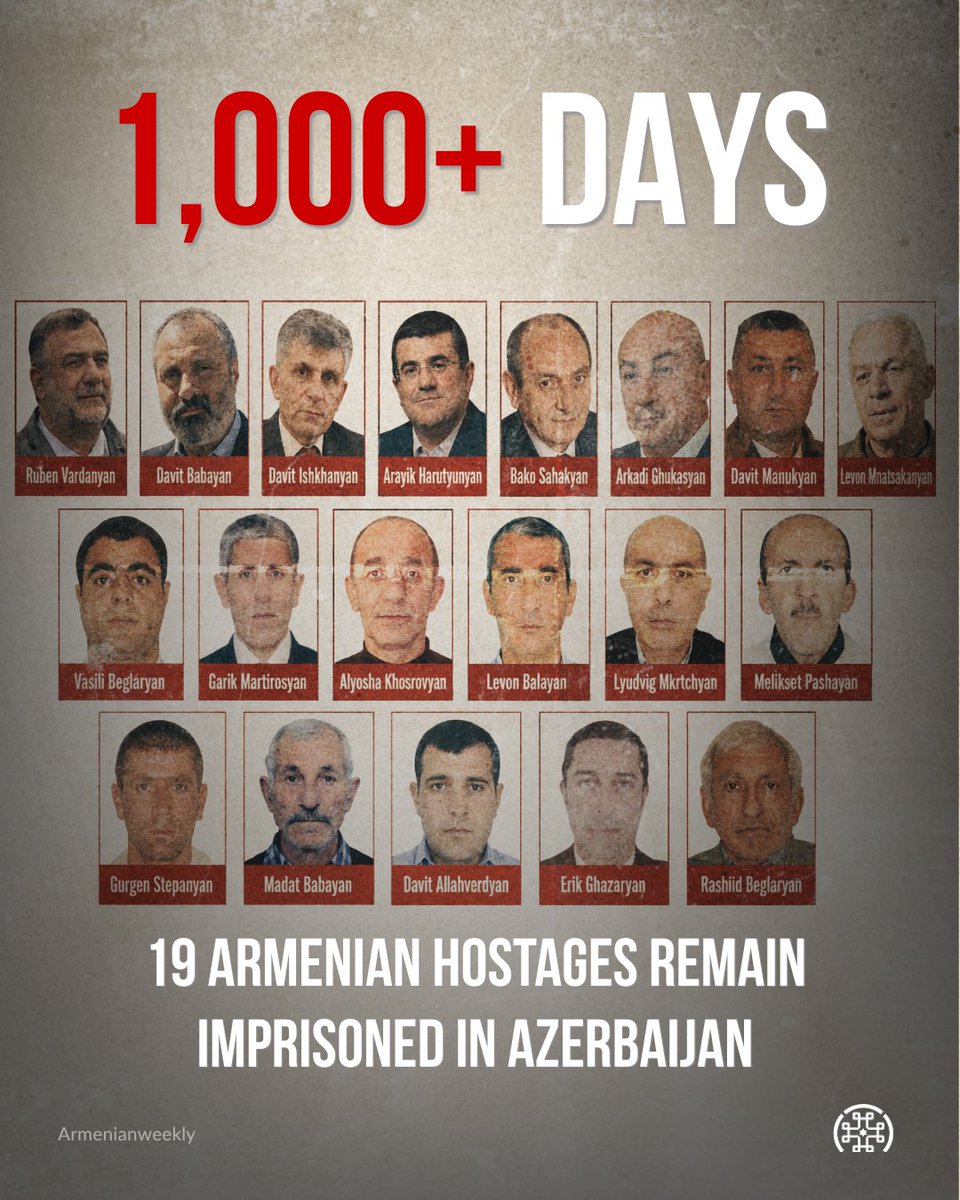 SaveArmeniaUS's tweet photo. More than 1,000 days.

19 Armenian hostages remain imprisoned in Azerbaijan.

That's 3 birthdays.

3 Christmases.

1,000+ sunrises.

Nearly 3 years stolen from their families.

Don't let the world forget.

Share this. Speak up. Help bring them home.

#BringThemHome #Armenia #HumanRights #ArmenianPrisoners #SaveArmenia
