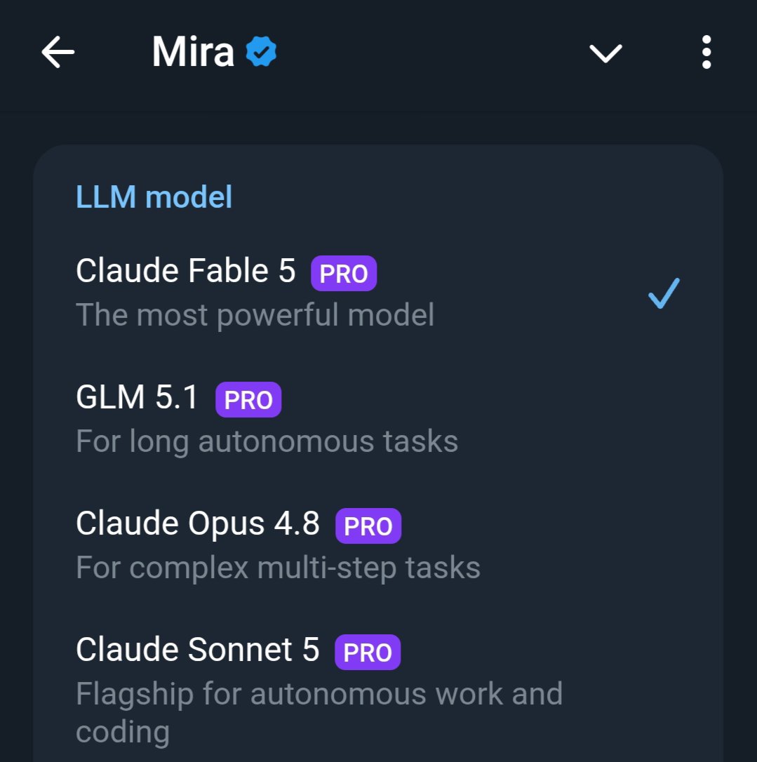 _Unknown_AK_'s tweet photo. The best AI experience happens when everything is in one place

With @trymira Pro...Claude Fable 5 is back 🙌🏻 alongside a stack of top models all in one place inside Telegram.

Faster workflow⏩ Less switching. More getting things done✓
#MiraInTelegram https://t.co/7QOLrAI9r1