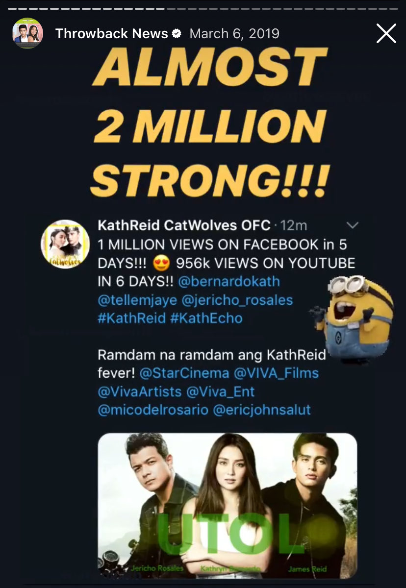 KRCWOfficial's tweet photo. Ganito lang kami mag-announce ng views noon, ngayon totoo na! 😭 How crazy is this?

From our AU to real life, it’s been an amazing journey! And totoong hindi niyo binibigo ang KathReid. Napakaconsistent since Day 1. Salamat po for appreciating them with us!

#SomeoneSomeday | Kathryn Bernardo & James Reid