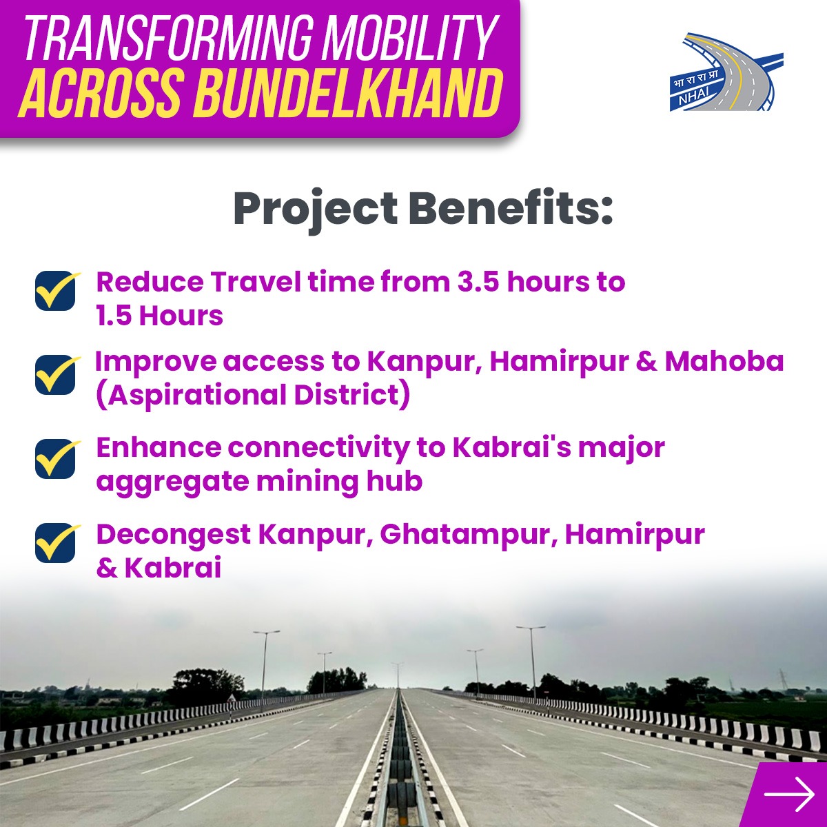 NHAI_Official's tweet photo. The Cabinet Committee on Economic Affairs approved the development of the 117.7 km long Kanpur–Kabrai Corridor on NH-34, at an estimated cost of ₹7,145 crore.

Part of the Bhopal–Kanpur Economic Corridor, the corridor is expected to reduce travel time between both regions, improve road safety and strengthen connectivity across Kanpur, Hamirpur and Mahoba districts. It will also enhance access to the Kabrai mining belt, facilitating more efficient movement of minerals, construction materials and agricultural produce while improving regional logistics and economic growth.

@PMOIndia @MORTHIndia @PIBMoRTH #NHAI #PragatiKaHighway #BuildingANation