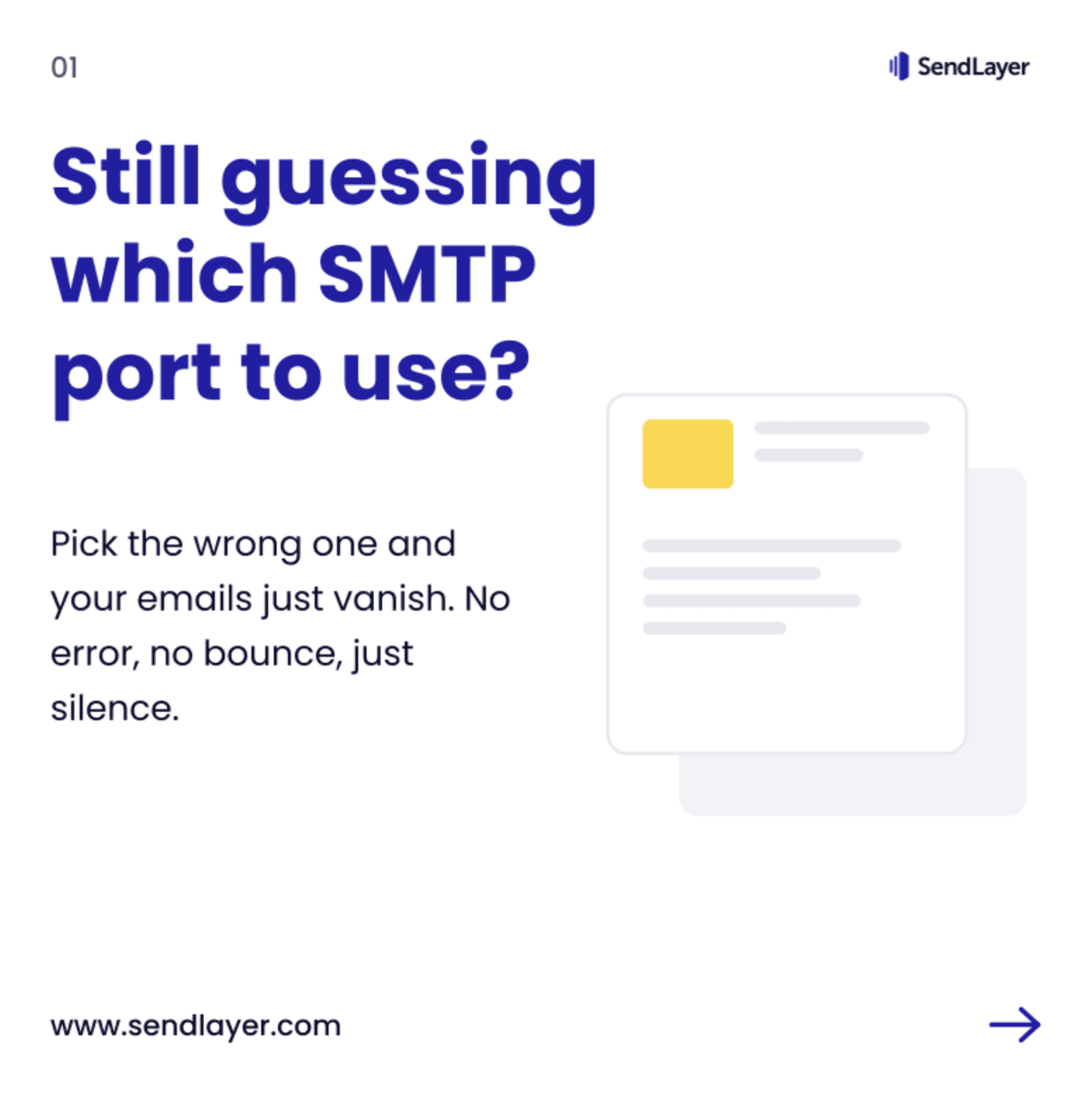 sendlayer's tweet photo. Your emails aren't bouncing. They're vanishing.

Nine times out of ten, it's the SMTP port.

25: blocked everywhere
465: SSL-only setups
587: your default
2525: the backup

Full breakdown 👇 https://t.co/pYUMIIVmcc