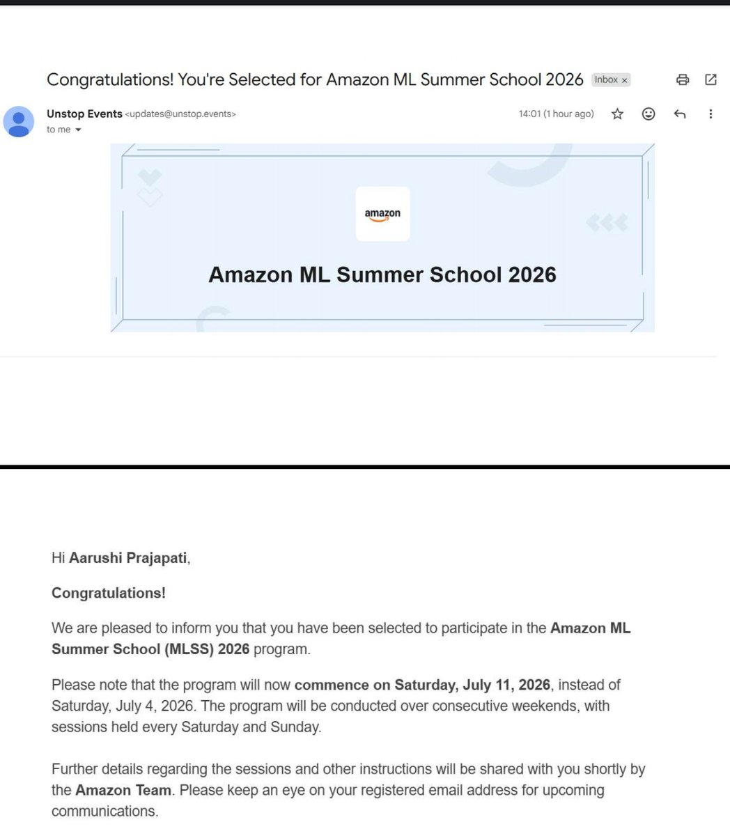 Aarushi_0's tweet photo. Got into Amazon ML summer school 2026 🌟 
Will be documenting my ML summer school journey 🙂‍↕️✌🏻 https://t.co/RxCla2d2eR