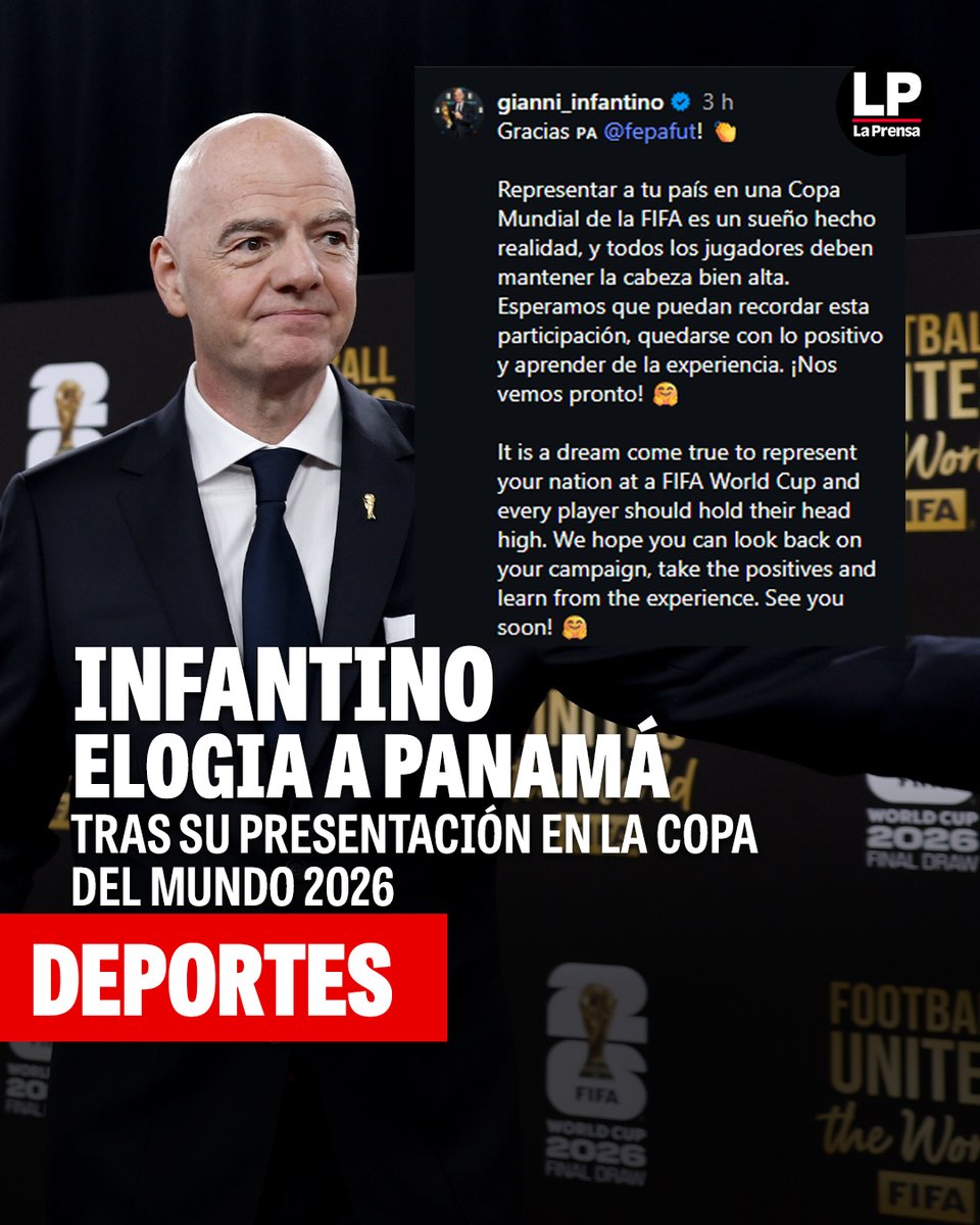 prensacom's tweet photo. El presidente de la FIFA, Gianni Infantino, elogió a Panamá tras su paso por el Mundial 2026 y destacó el compromiso mostrado por la selección en cada partido. Además, alentó a los jugadores a sentirse orgullosos de representar al país en la máxima cita del fútbol.
https://t.co/A7o2Elg0M2