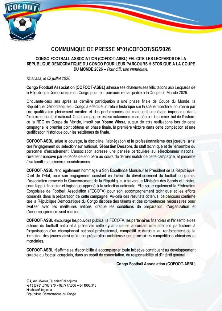 anawezi09's tweet photo. Congo Football Association (COFOOT - ASBL) salue les exploits accomplis par les Léopards de la République démocratique du Congo (RDC), 52 ans après sa dernière participation à la Coupe du monde.

@Presidence_RDC 
@FecofaRdc 
@MinSport_Loisir 
@Cofoot_ASBL https://t.co/L3gkwJH08n