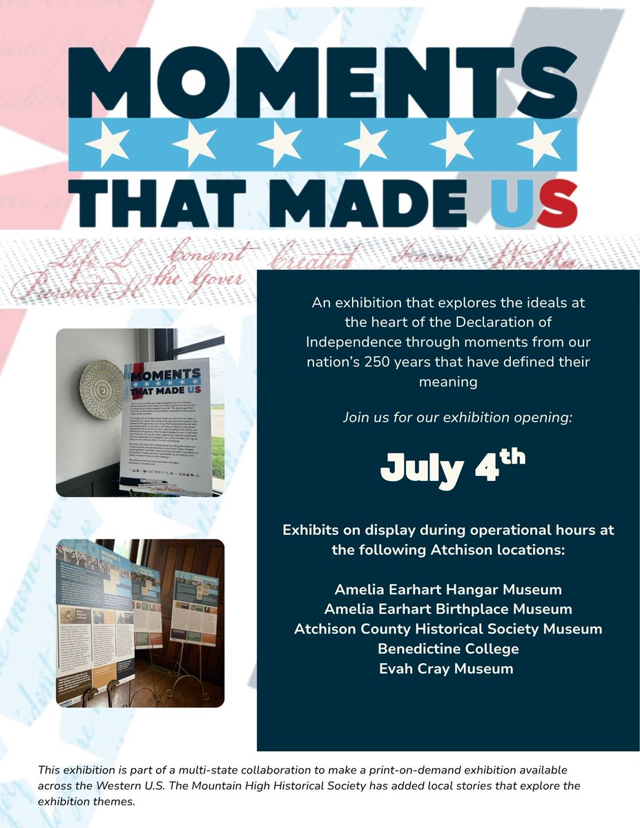 AEHangarMuseum's tweet photo. We are pleased to announce a new temporary exhibition coming to Atchison!  On July 4, 2026, our nation will mark the 250th anniversary of the Declaration of Independence. "Moments That Made US" is an exhibition exploring the ideals at the heart of the Declaration of Independence. https://t.co/lQzbgBgN93