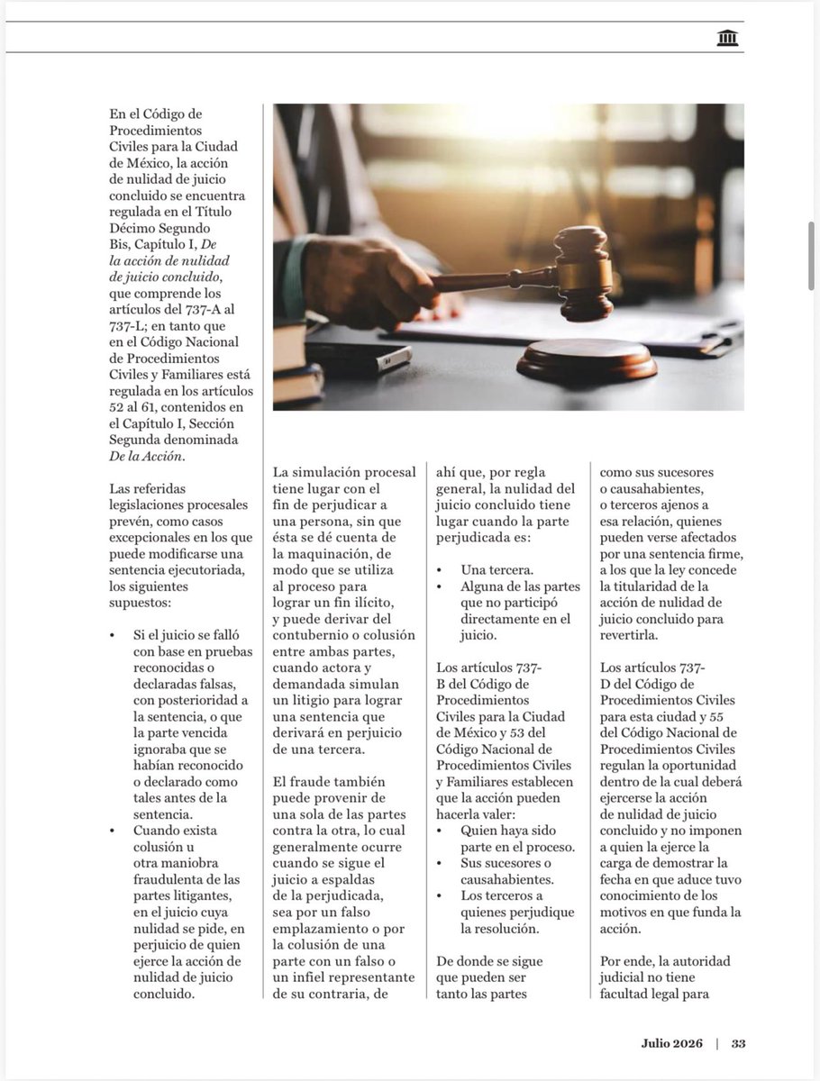 fer1rangel's tweet photo. Te comparto mi columna “Reflexiones sobre Derecho Procesal” de la Revista @forojuridico del mes de julio de 2026.
En esta ocasión platicamos un poco sobre la acción de nulidad de juicio concluido.
Espero te sea útil.
Te leo en los comentarios. https://t.co/JPwv3HEQT4