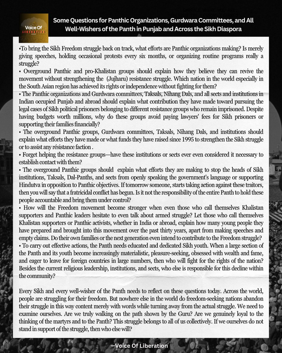 KLF_Official84's tweet photo. Some Questions for Panthic Organizations, Gurdwara Committees, and All Well-Wishers of the Panth in Punjab and Across the Sikh Diaspora. 

#Path #Punjab #Sikh #Struggle #Freedom https://t.co/nsU6RVtdpw