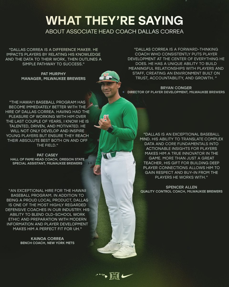 HawaiiBaseball's tweet photo. Bringing a pro pedigree back to the islands 👊
🗣️ What they're saying about associate head coach @dallascorrea
#GoBows https://t.co/ceNgUNL6a2